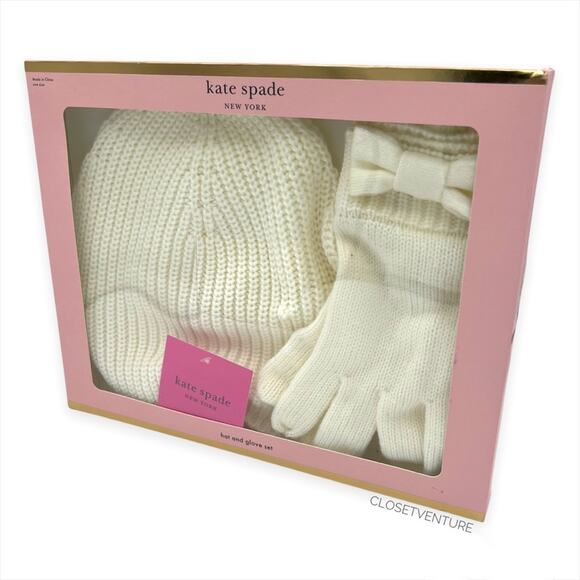 kate spade Accessories - Kate Spade Cream Bow Beanie And Glove Set Women’s One Size NEW